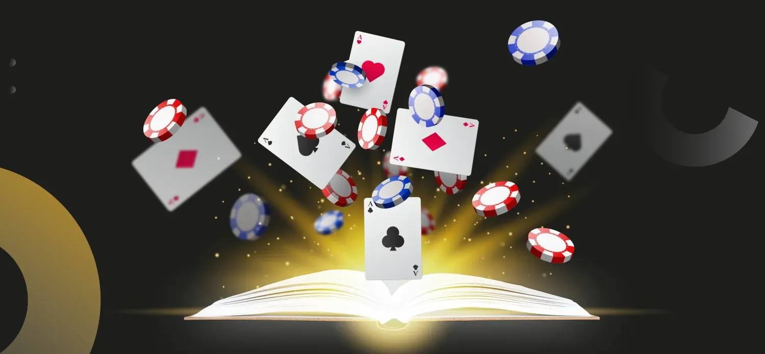 Ein aufgeschlagenes Buch mit Poker Karten und Chips